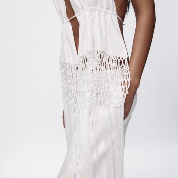 Zara White Linen Backless Eonen Macrame Fringe Halter